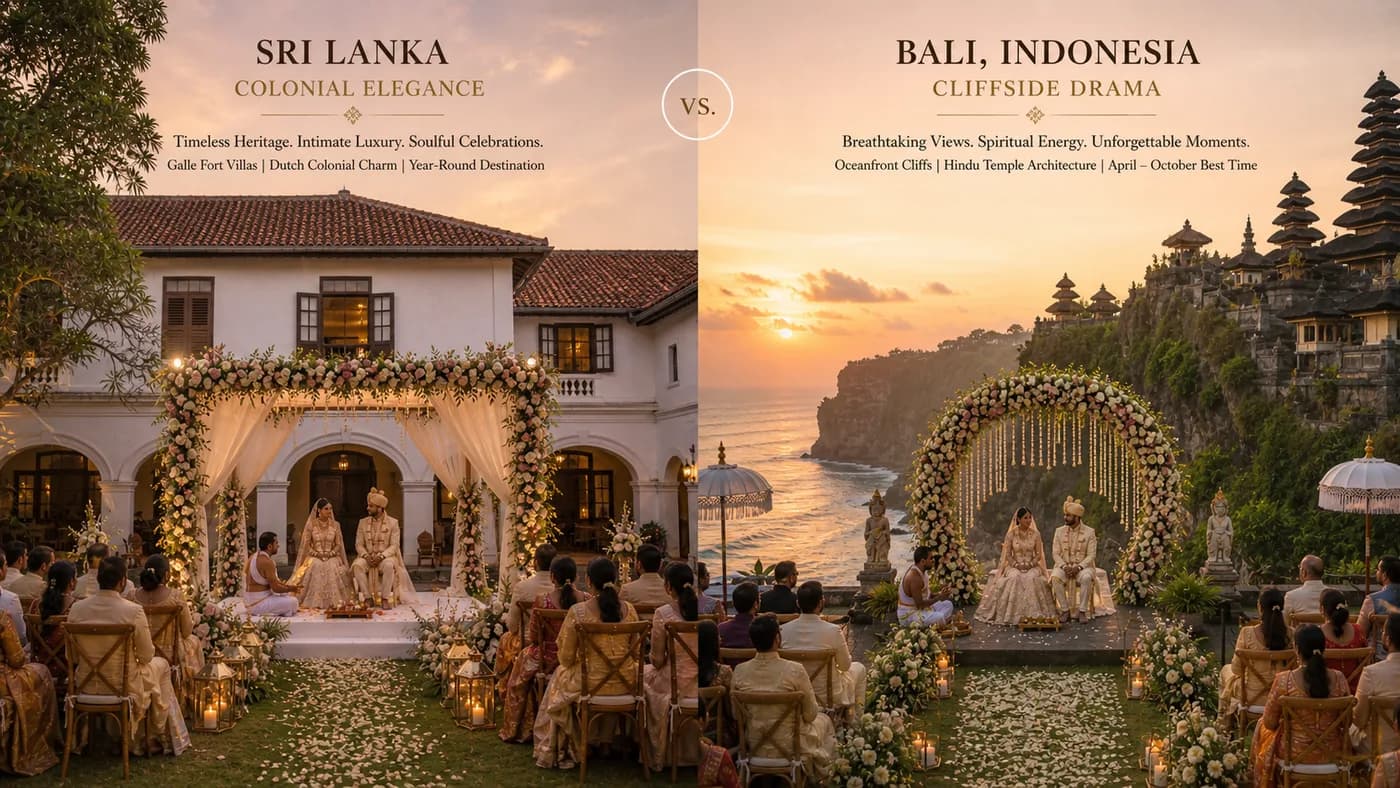 Comparison of Sri Lanka colonial venue and Bali cliffside wedding setup