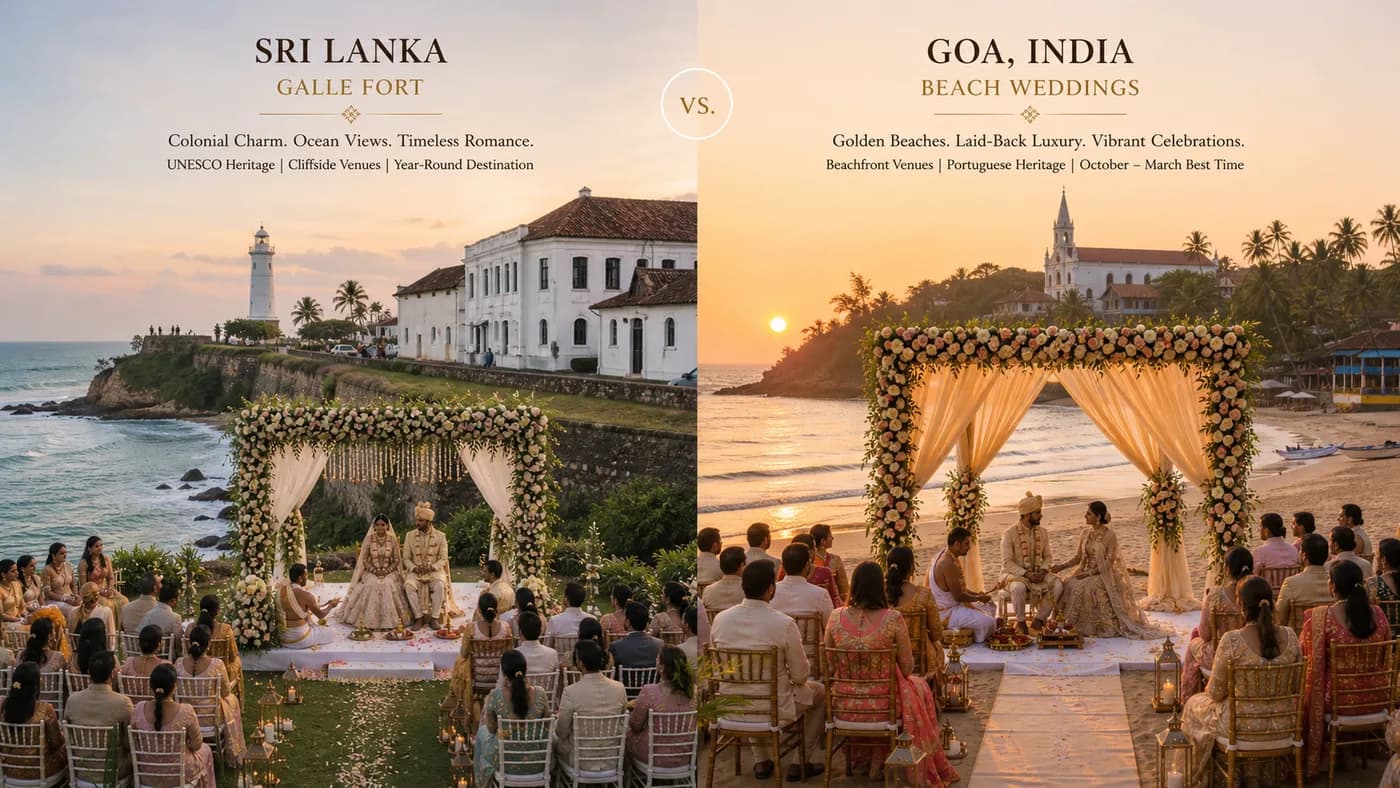 Split comparison showing Sri Lanka beach wedding setup and Goa destination wedding venue