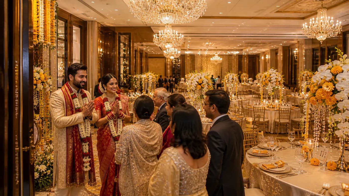 Colombo wedding reception at a 5-star hotel with chandeliers and round tables set for 200 guests