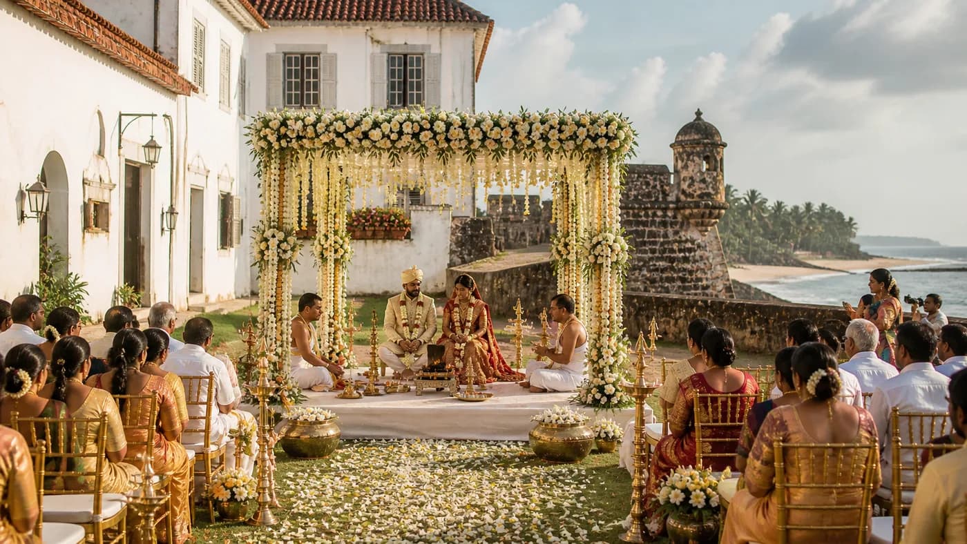 Indian wedding ceremony at Galle Fort with colonial Dutch architecture and Sri Lankan ocean backdrop