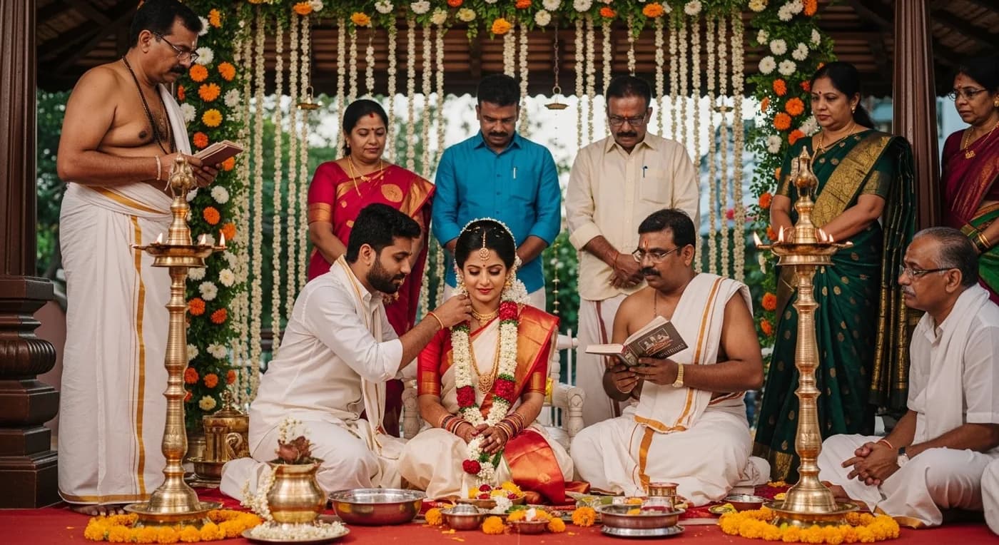 Traditional Kerala wedding thalikettu ceremony with priest and family