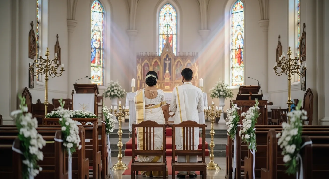 Kerala Syrian Christian wedding ceremony inside a decorated church with bride in white saree