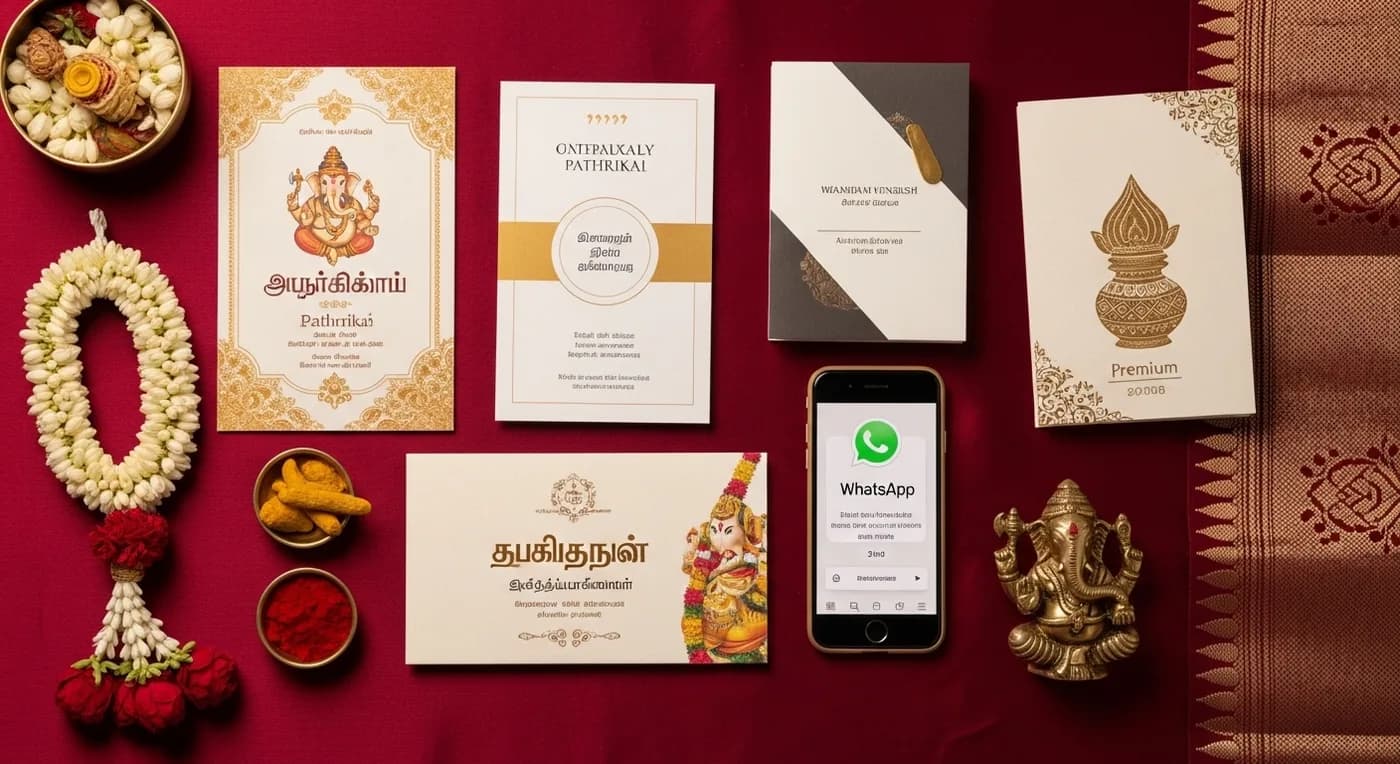 Traditional Tamil wedding pathrikai invitation designs showing various styles