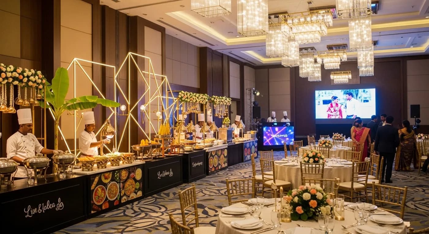 Modern Chennai wedding reception with themed decor and live food counters