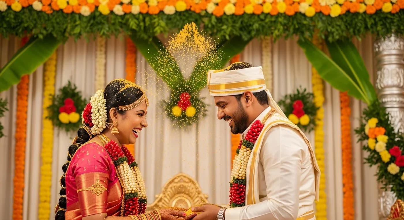 Telugu wedding ceremony in Chennai with Talambralu rice shower