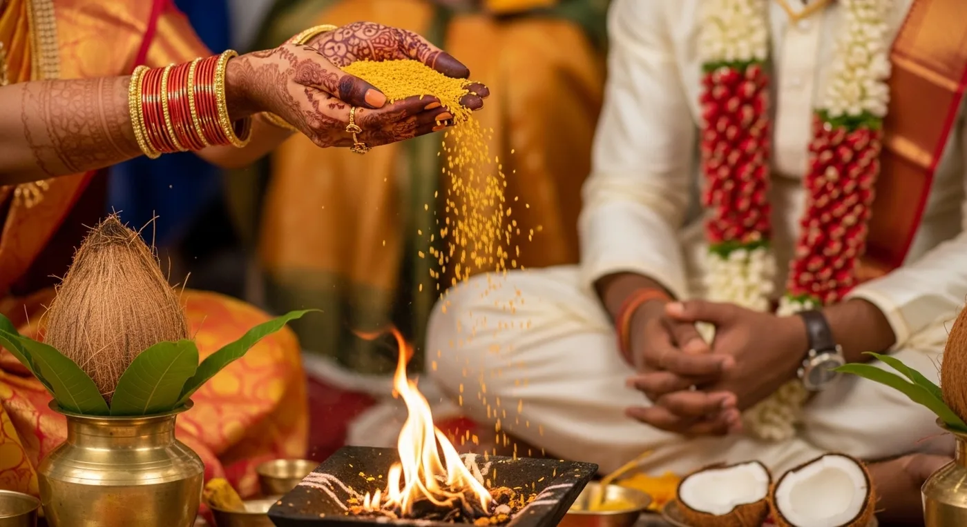 Traditional Telugu wedding ceremony with bride and groom performing Saptapadi around sacred fire