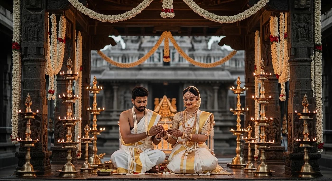Traditional Kerala temple wedding ceremony with bride and groom at the mandapam surrounded by brass oil lamps and jasmine garlands