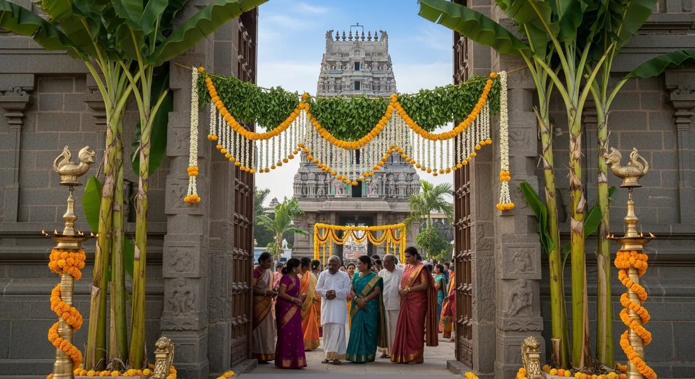 Decorated south Indian temple entrance with banana plants and mango leaf thoranam for a wedding