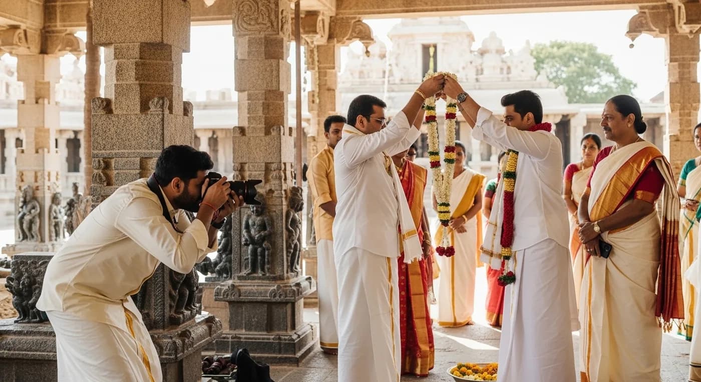 Wedding photographer capturing couple exchanging garlands in a Karnataka temple courtyard