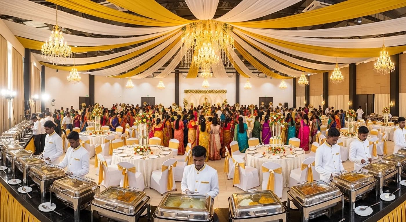 Thanjavur hotel banquet hall set up for wedding reception with floral centerpieces