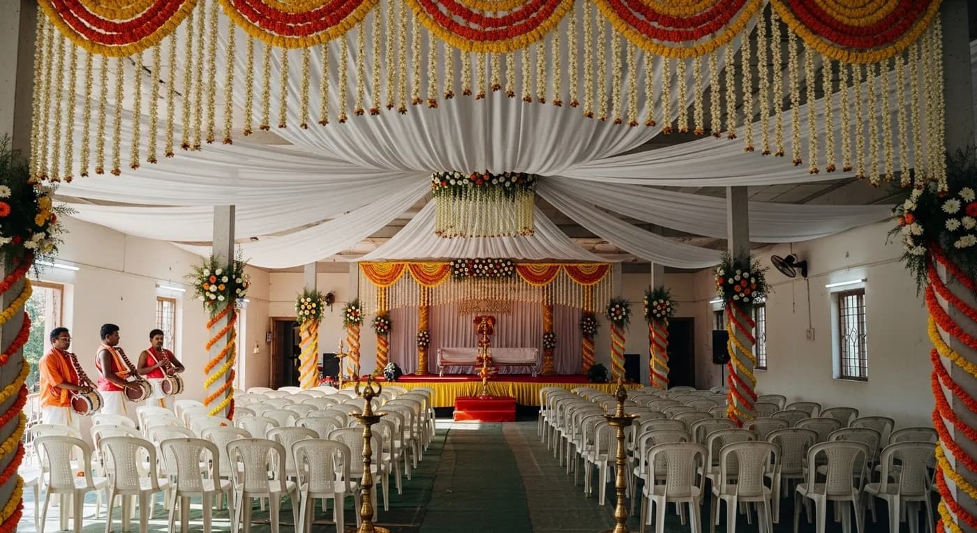 A beautifully decorated community mandapam in Thanjavur set up for a budget wedding ceremony