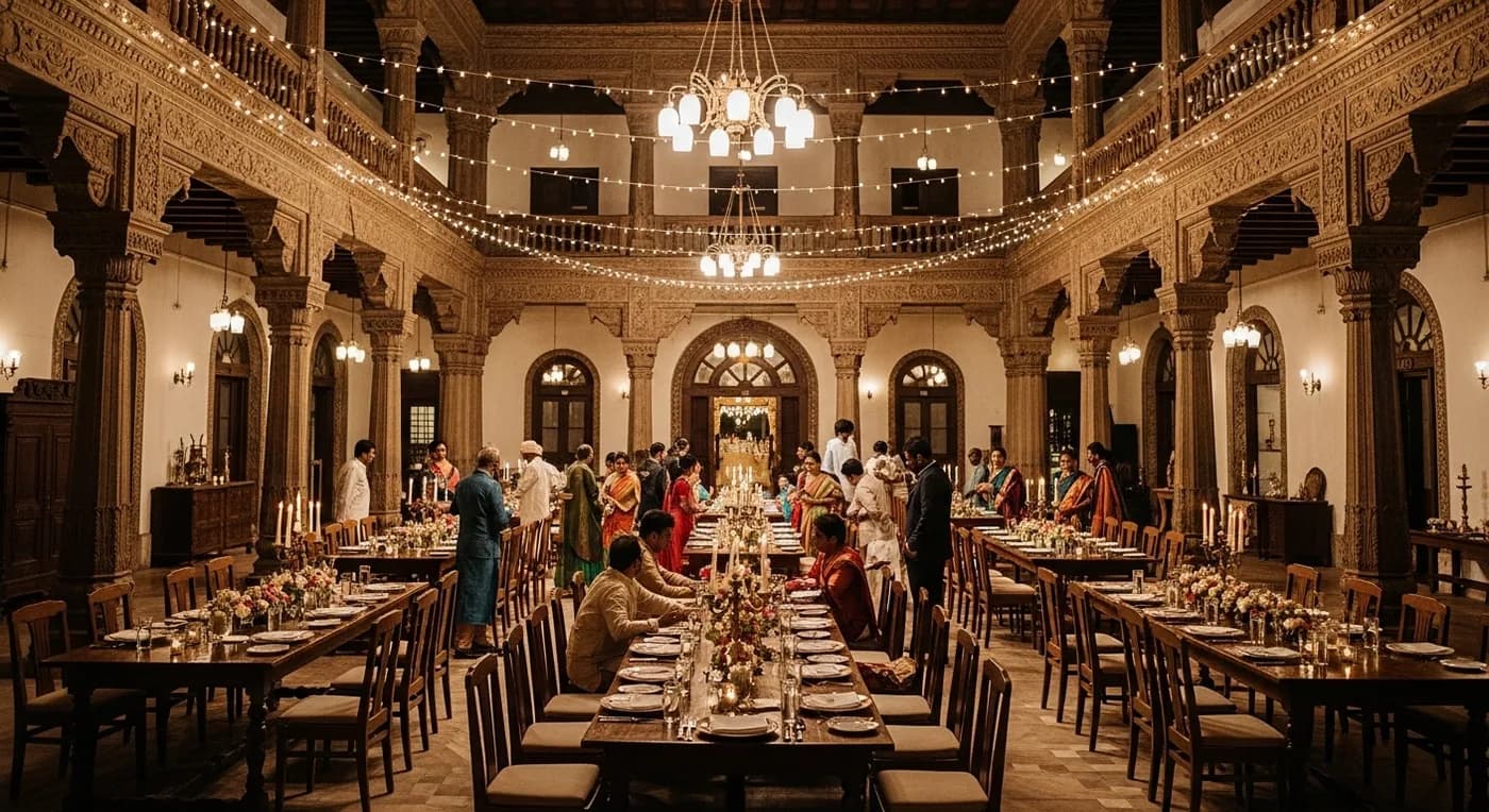A premium heritage wedding reception setup at a restored Maratha-era heritage hotel in Thanjavur with ornate pillars and designer lighting