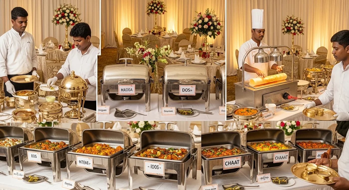 A modern buffet setup at a Thanjavur wedding reception with chafing dishes, live counters and elegant table arrangements