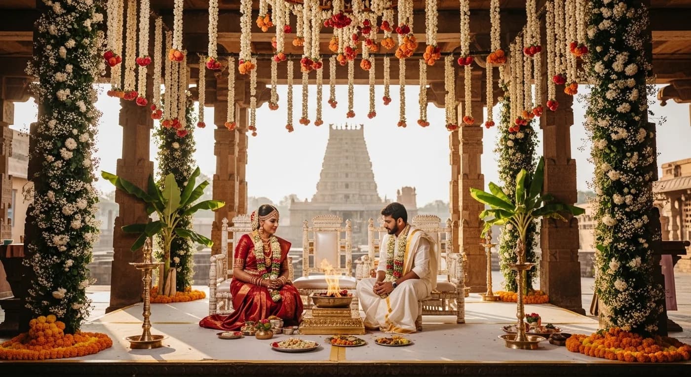 Traditional Tamil wedding ceremony at a decorated mandapam in Thanjavur with Brihadeeswarar Temple gopuram visible in the background