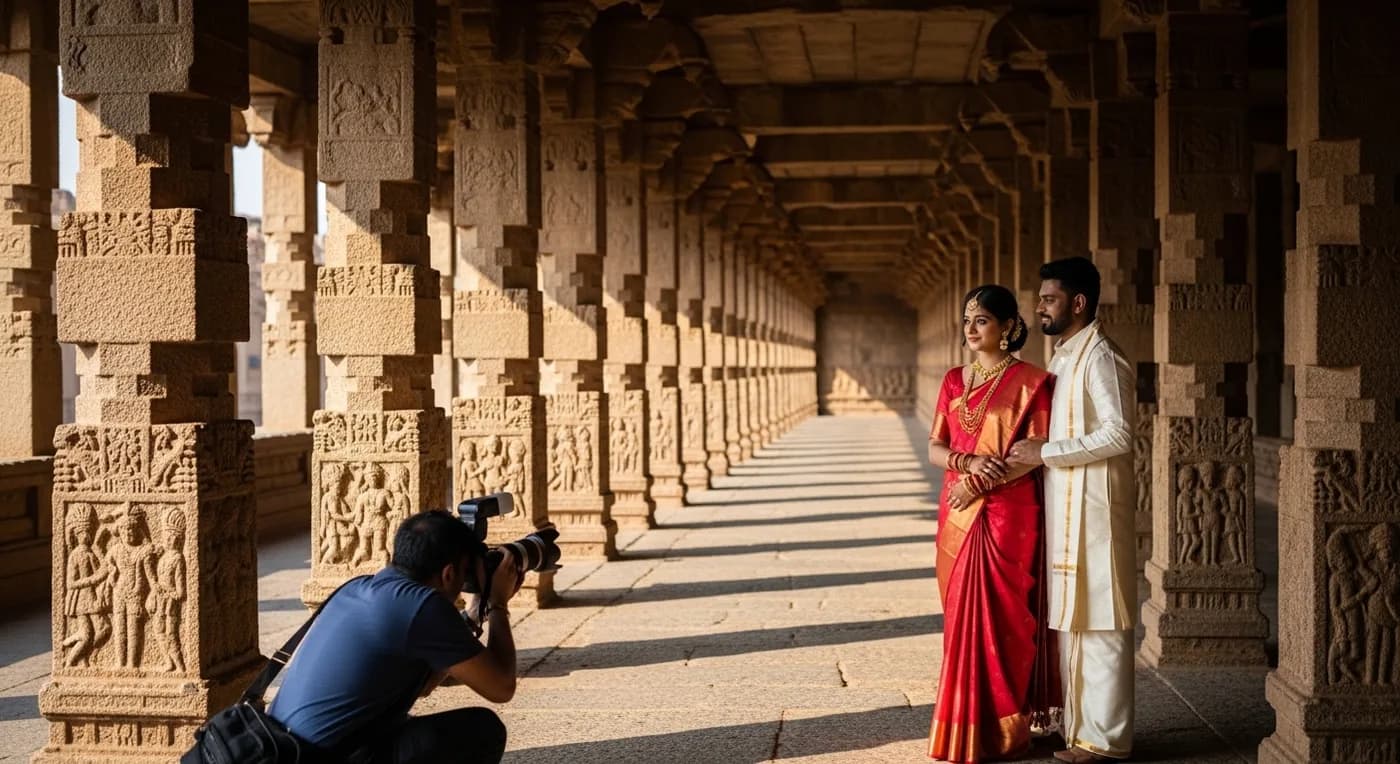 A wedding photographer capturing a couple portrait at the Brihadeeswarar Temple corridor in Thanjavur during golden hour