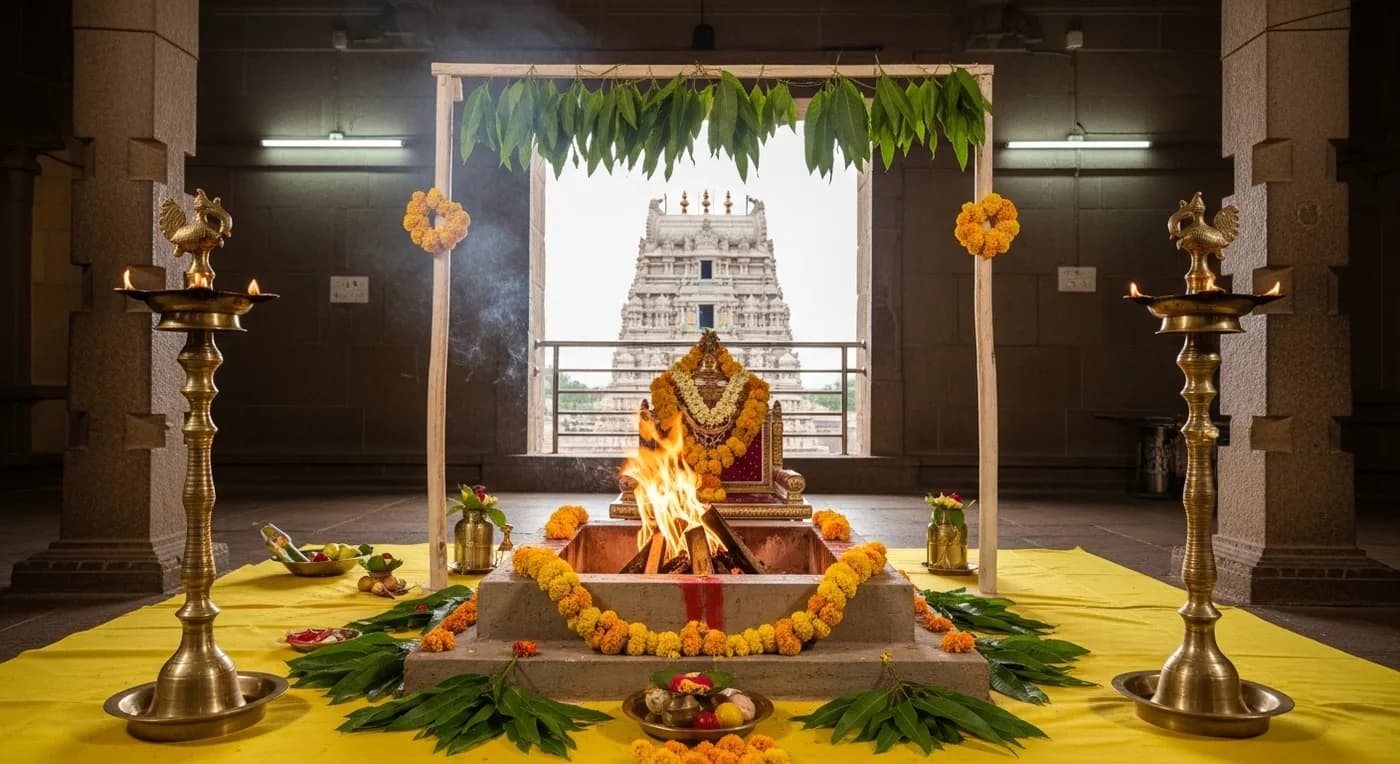 Traditional Hindu wedding ceremony at a temple venue in Tirupati with sacred rituals