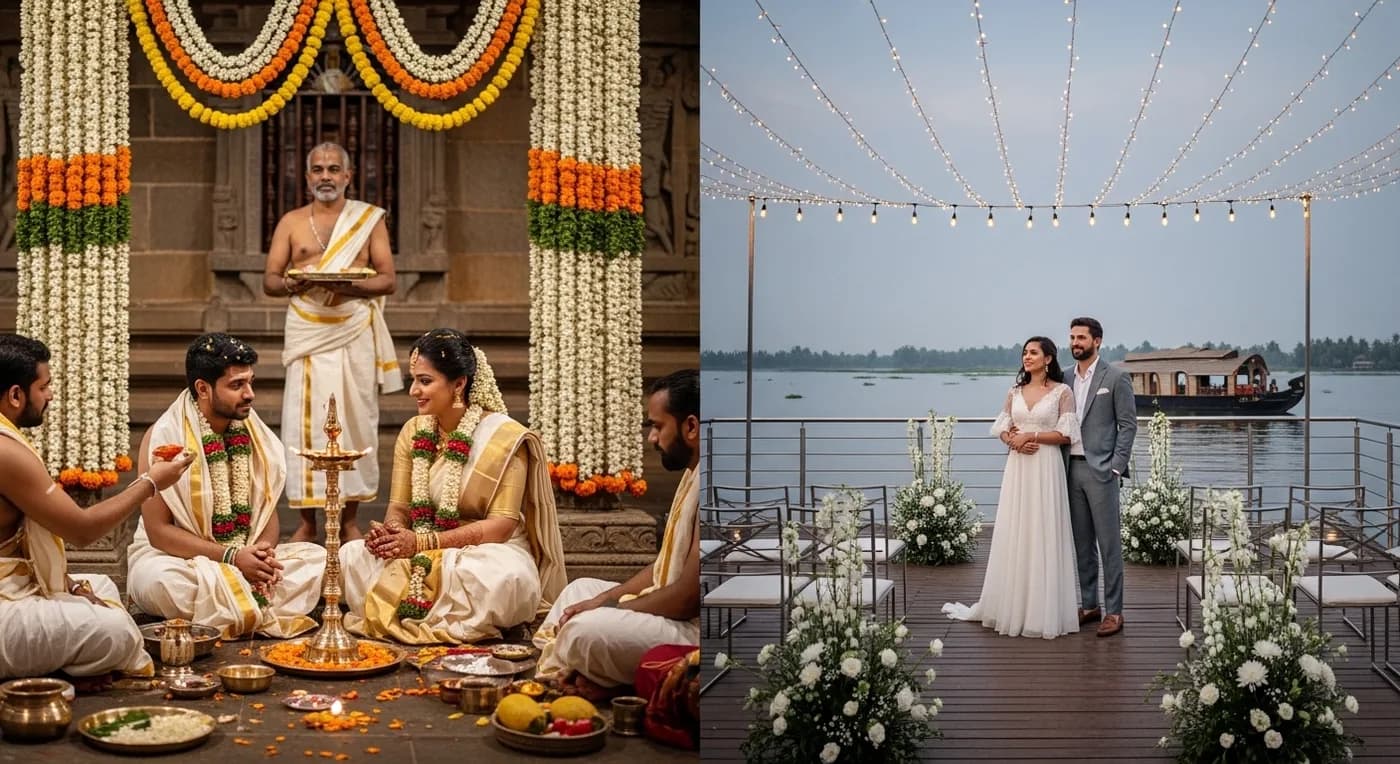 Split image showing a traditional Kerala wedding and a backwater destination wedding