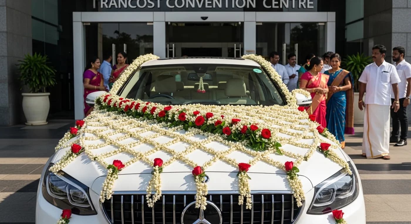 Decorated wedding car outside a Trivandrum convention centre