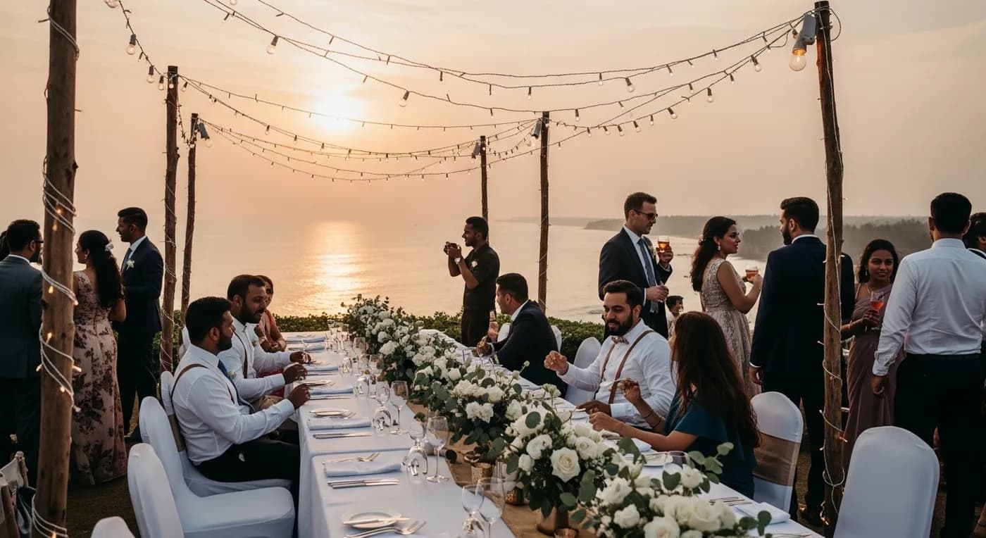 Clifftop wedding reception at Kovalam overlooking the Arabian Sea at sunset