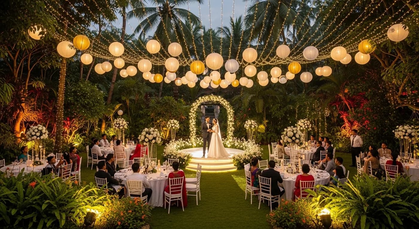 Outdoor wedding reception setup with fairy lights at a Trivandrum hotel garden