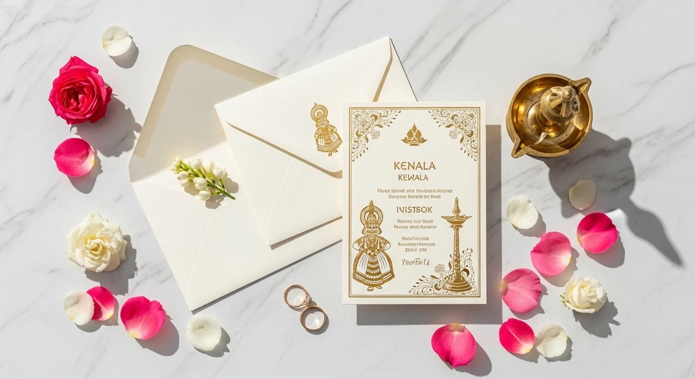 Kerala wedding invitation suite with traditional gold foil design