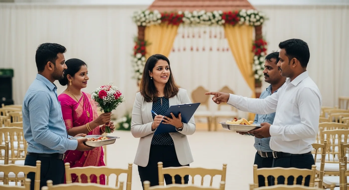 Professional wedding planner coordinating with vendors at a decorated Trivandrum wedding venue with traditional Kerala floral arrangements