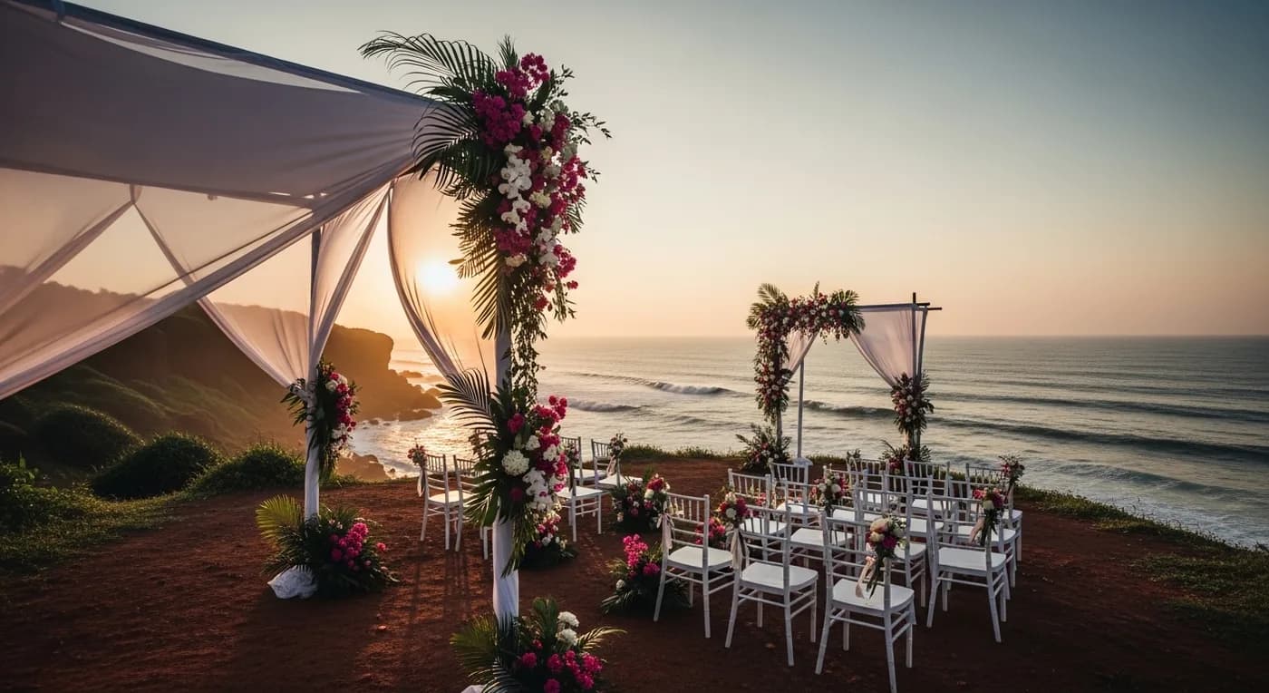 Cliff-top wedding setup in Varkala with Arabian Sea backdrop at golden hour