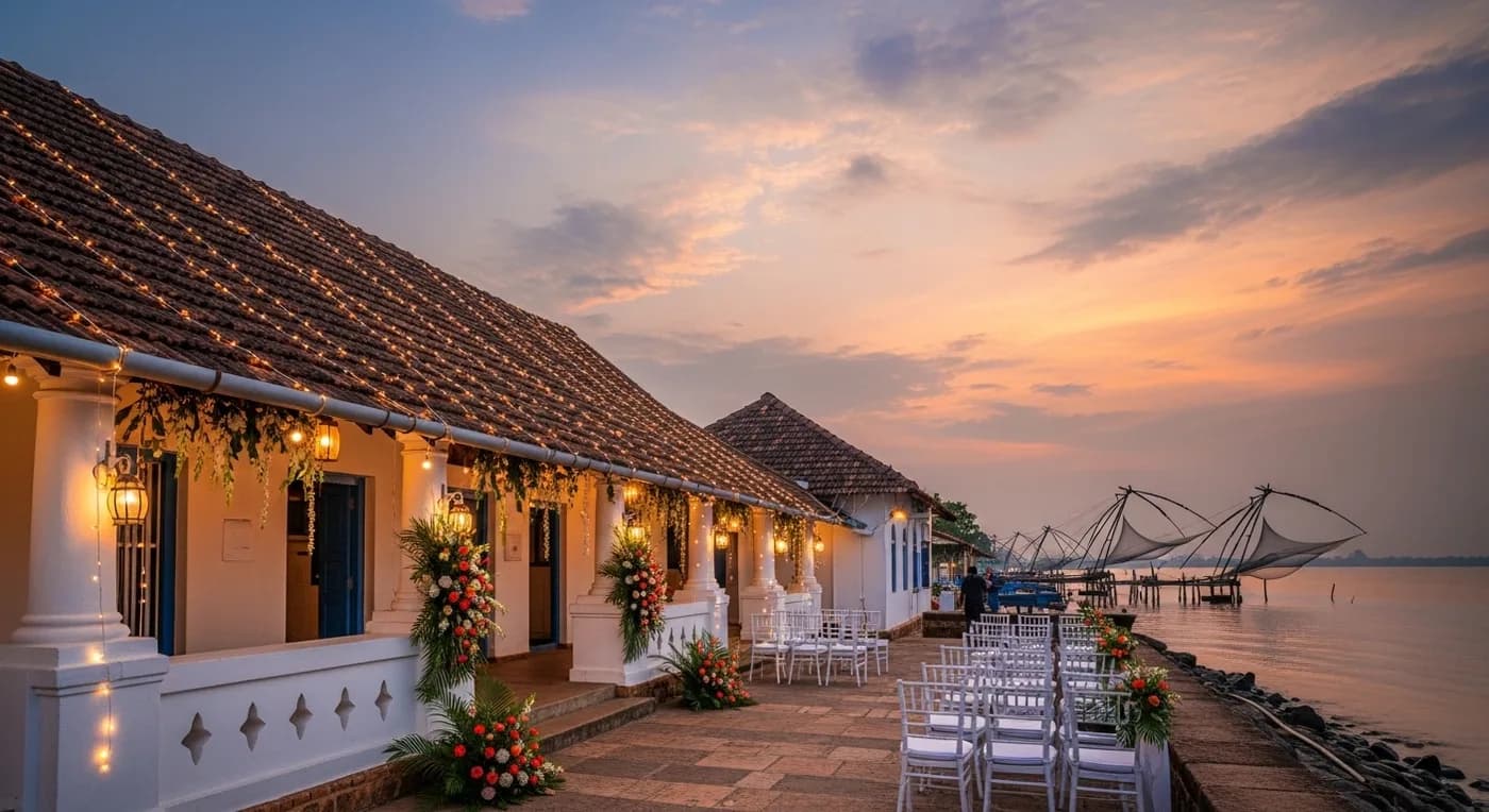 Elegant wedding venue in Kochi decorated with flowers and fairy lights overlooking the waterfront