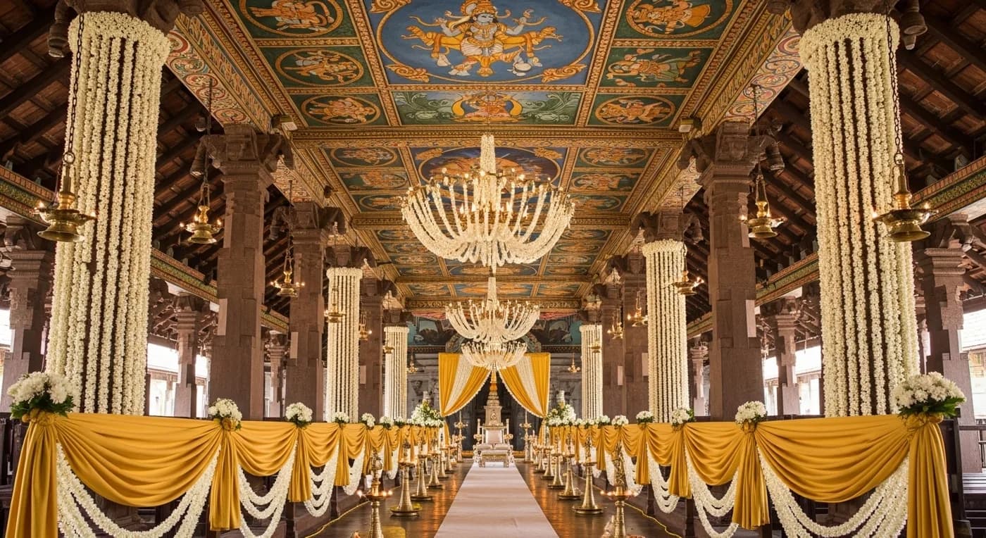 Elegant wedding venue in Thrissur decorated with traditional Kerala floral arrangements and brass lamps