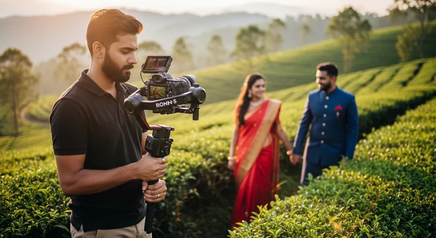 Professional wedding videography setup capturing a Kerala wedding ceremony with cinematic equipment