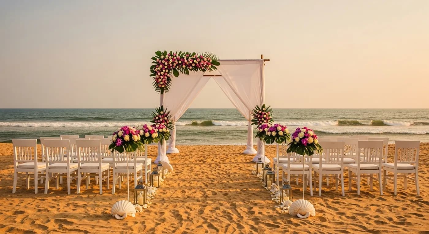 Beach wedding ceremony setup in Vizag with ocean backdrop and floral mandap