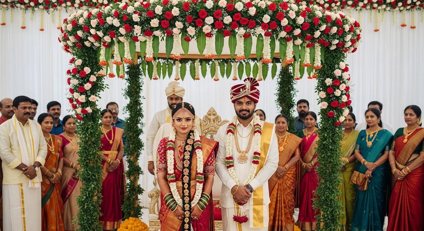 Vokkaliga Gowda couple in traditional wedding attire with floral mandap