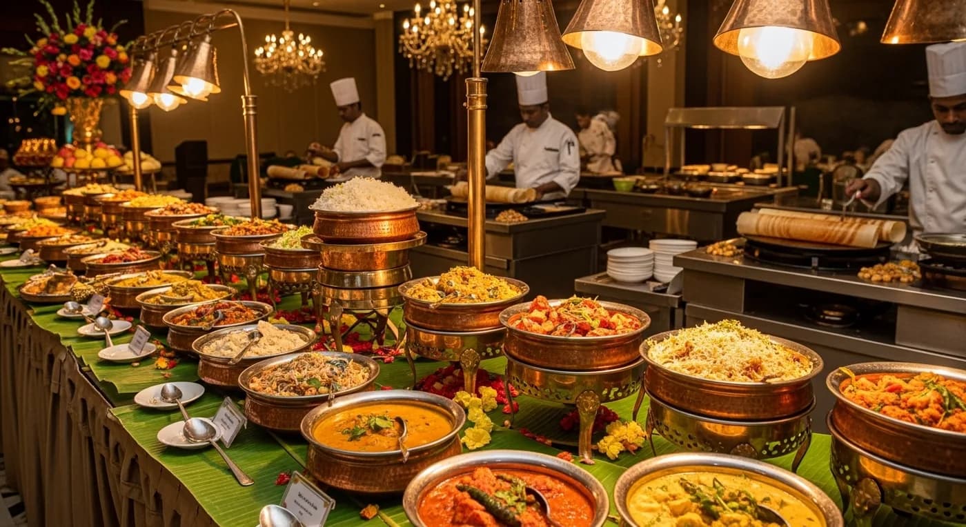 Elaborate wedding buffet spread at a Bangalore wedding reception