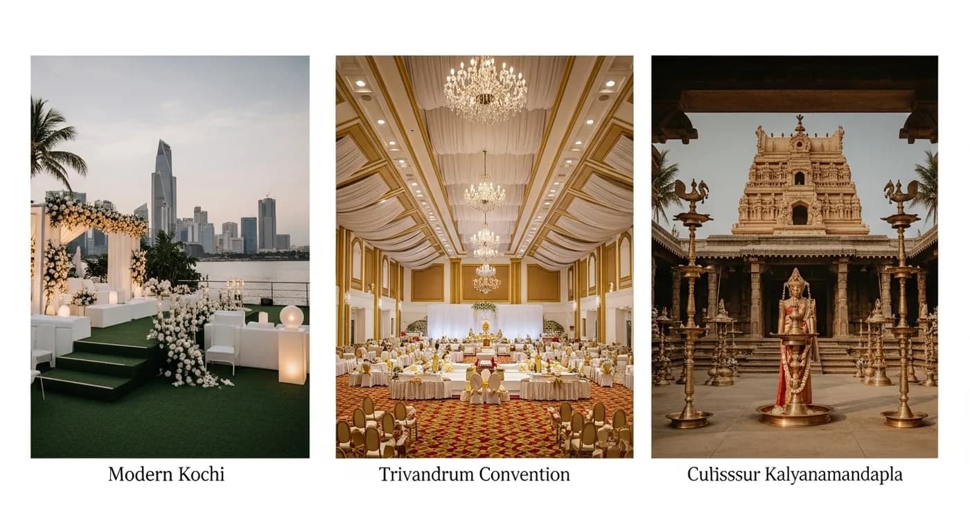 Split view of wedding venues in Kochi, Trivandrum, and Thrissur