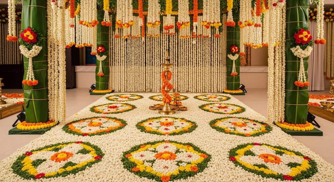 Traditional poo kolam mandap decoration with jasmine at a Chennai wedding