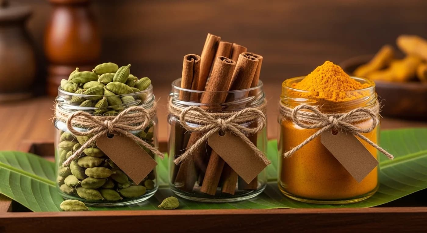 Beautifully packaged Kerala wedding return gifts with spices and brass items