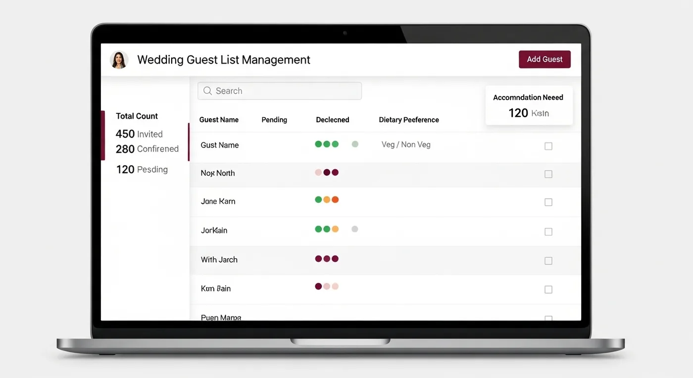 Digital wedding guest list dashboard showing RSVP status, dietary preferences, and seating assignments
