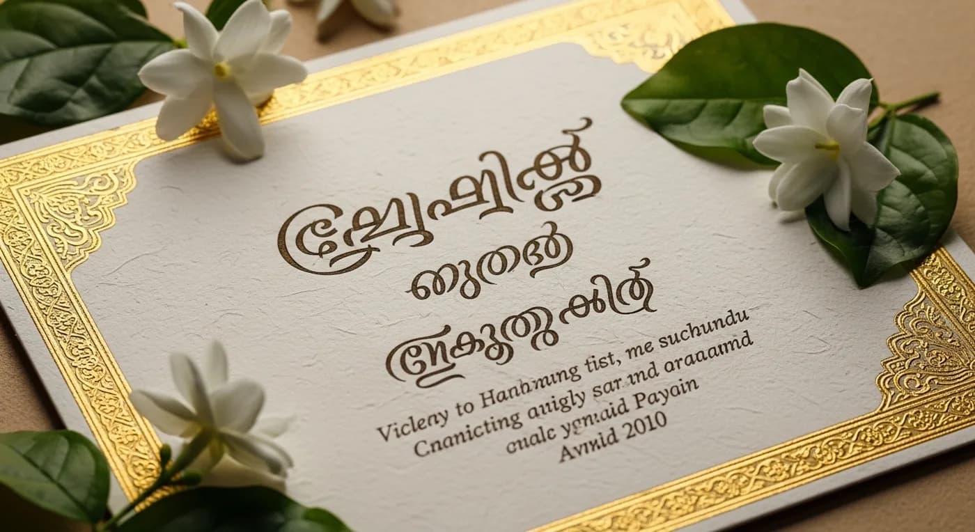 Elegant Kerala wedding invitation card with Malayalam and English text on textured gold paper