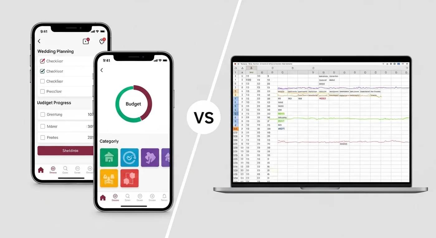 Side-by-side comparison of wedding planning app on phone, spreadsheet on laptop, and physical planner notebook