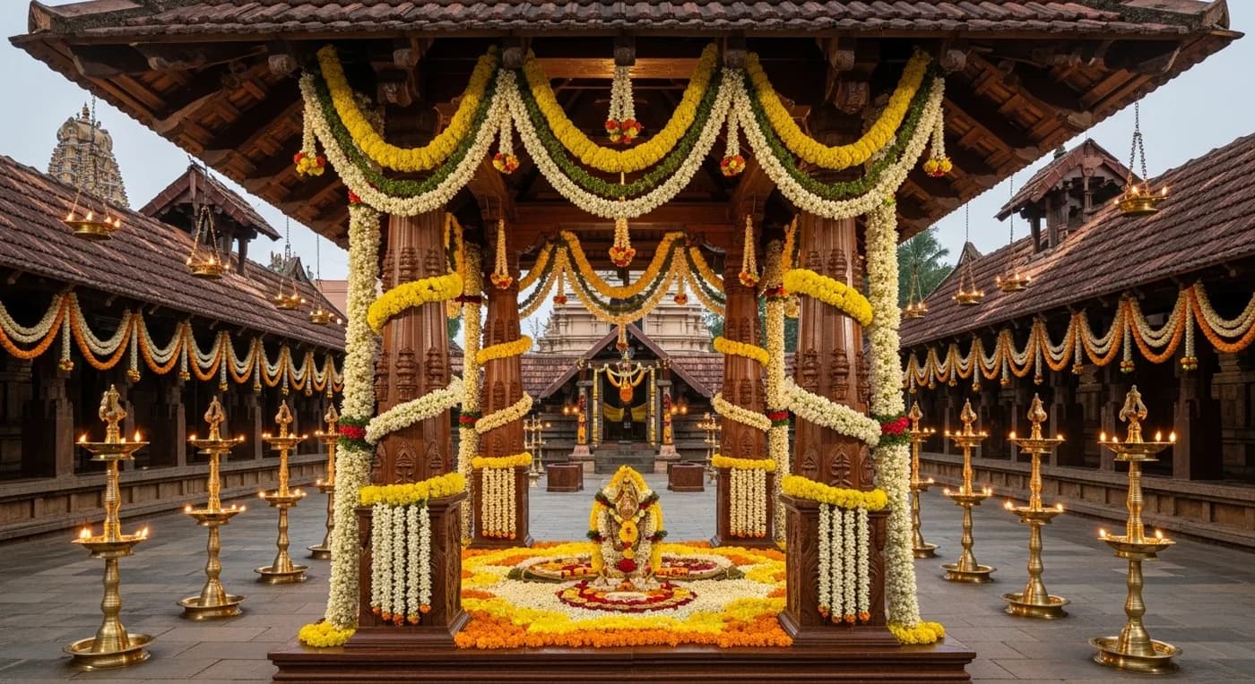 Traditional Thrissur wedding venue with ornate mandapam decorations