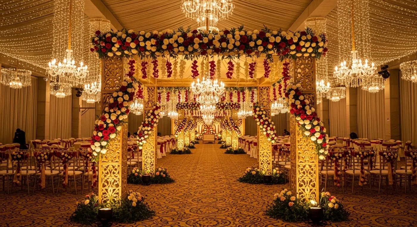Beautiful Bangalore wedding venue with floral decorations and mandap
