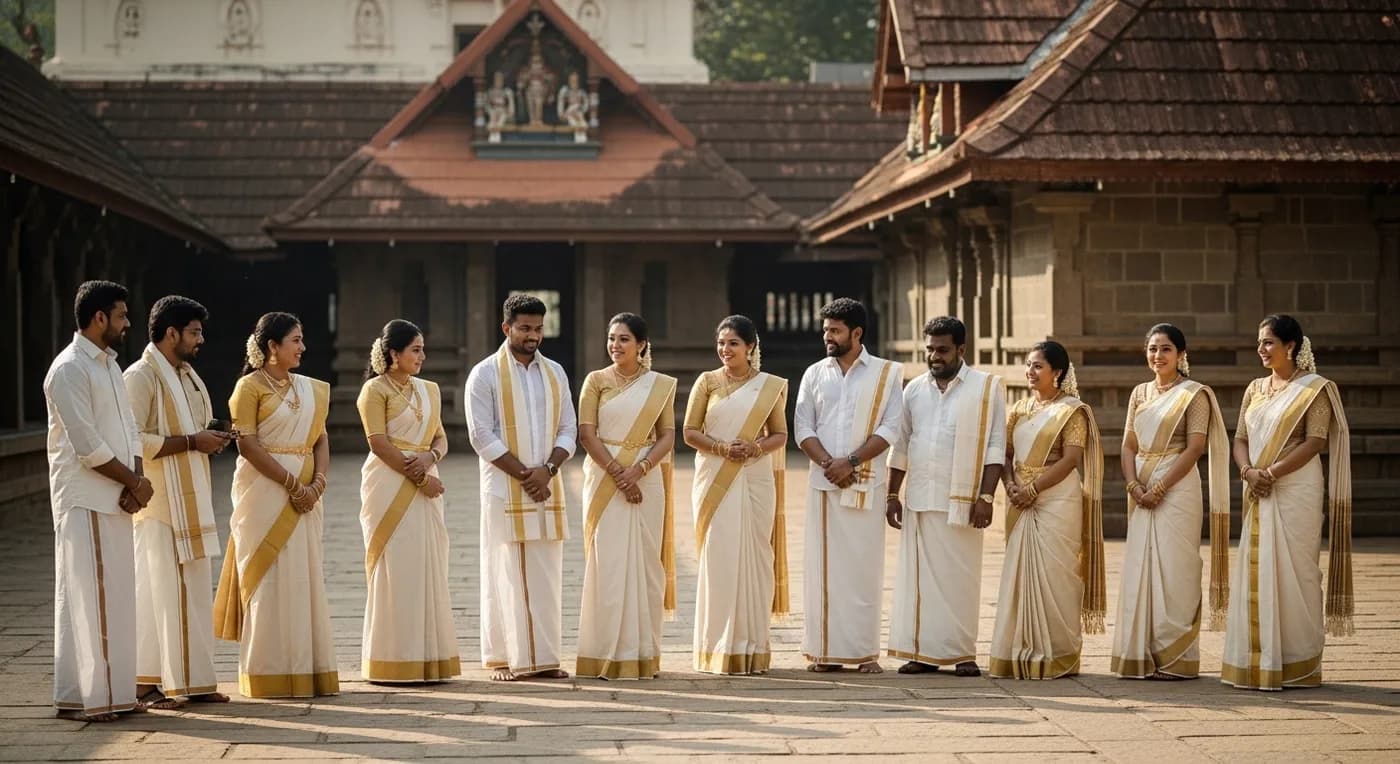 Wedding guests in traditional Kerala attire including kasavu sarees and mundu at a ceremony