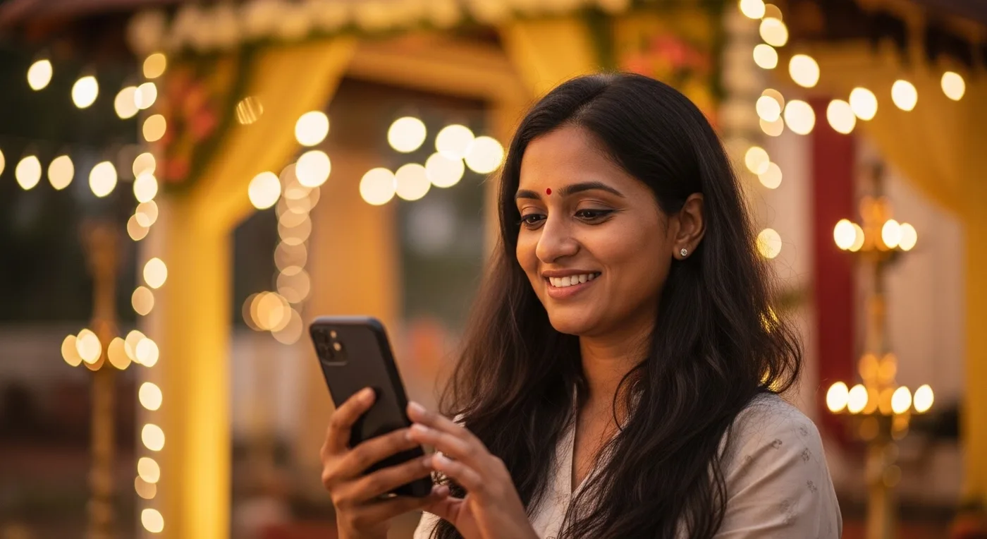 Wedding vendor checking her phone at a decorated Indian wedding venue