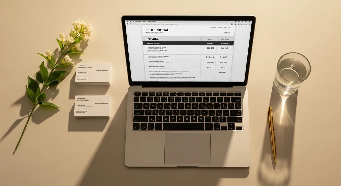 Clean desk workspace with laptop showing a professional invoice