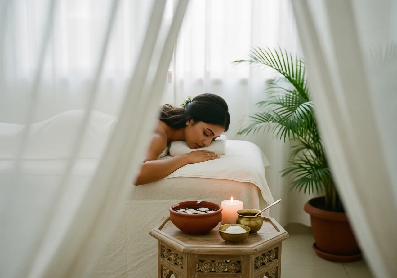 Kerala bridal salon treatment suite with candles and brass bowls