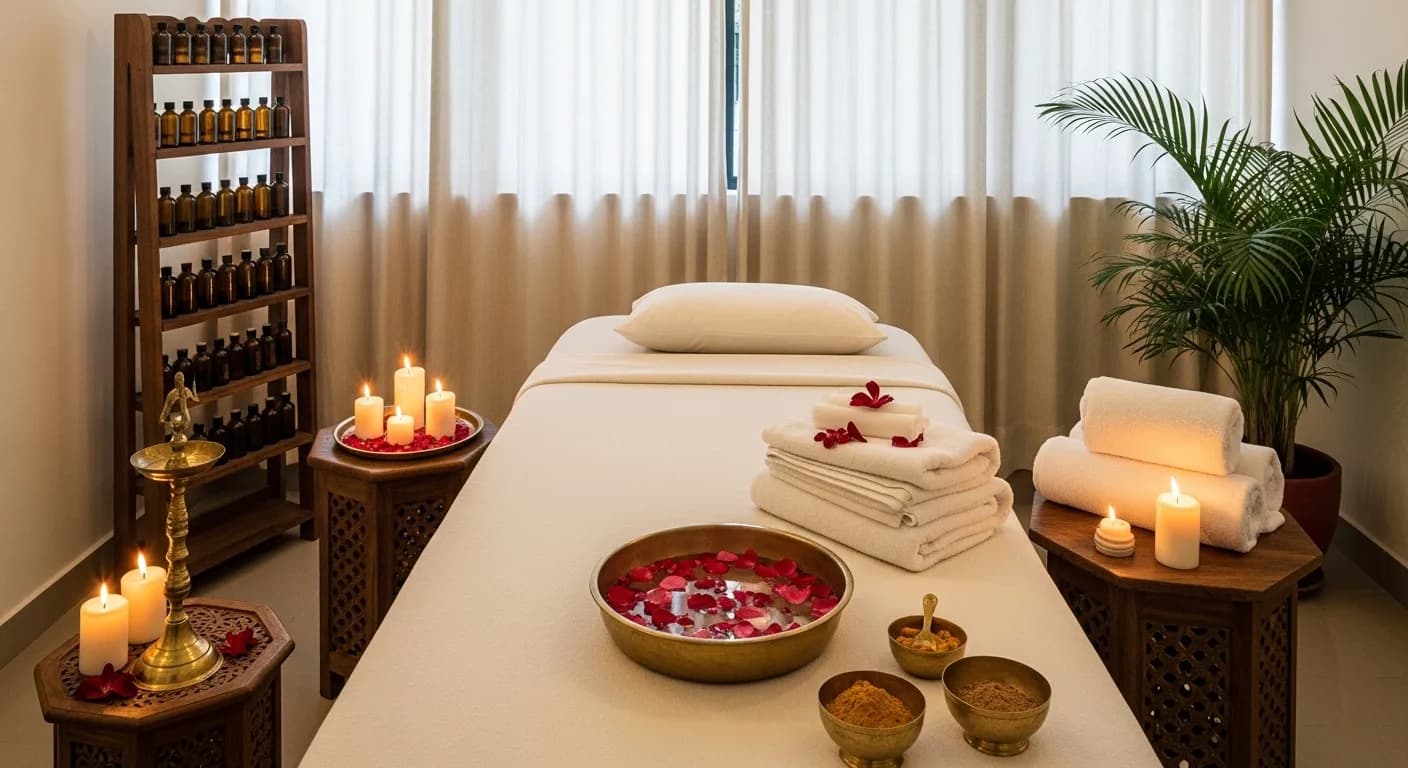 Serene Kerala bridal salon treatment room with candles