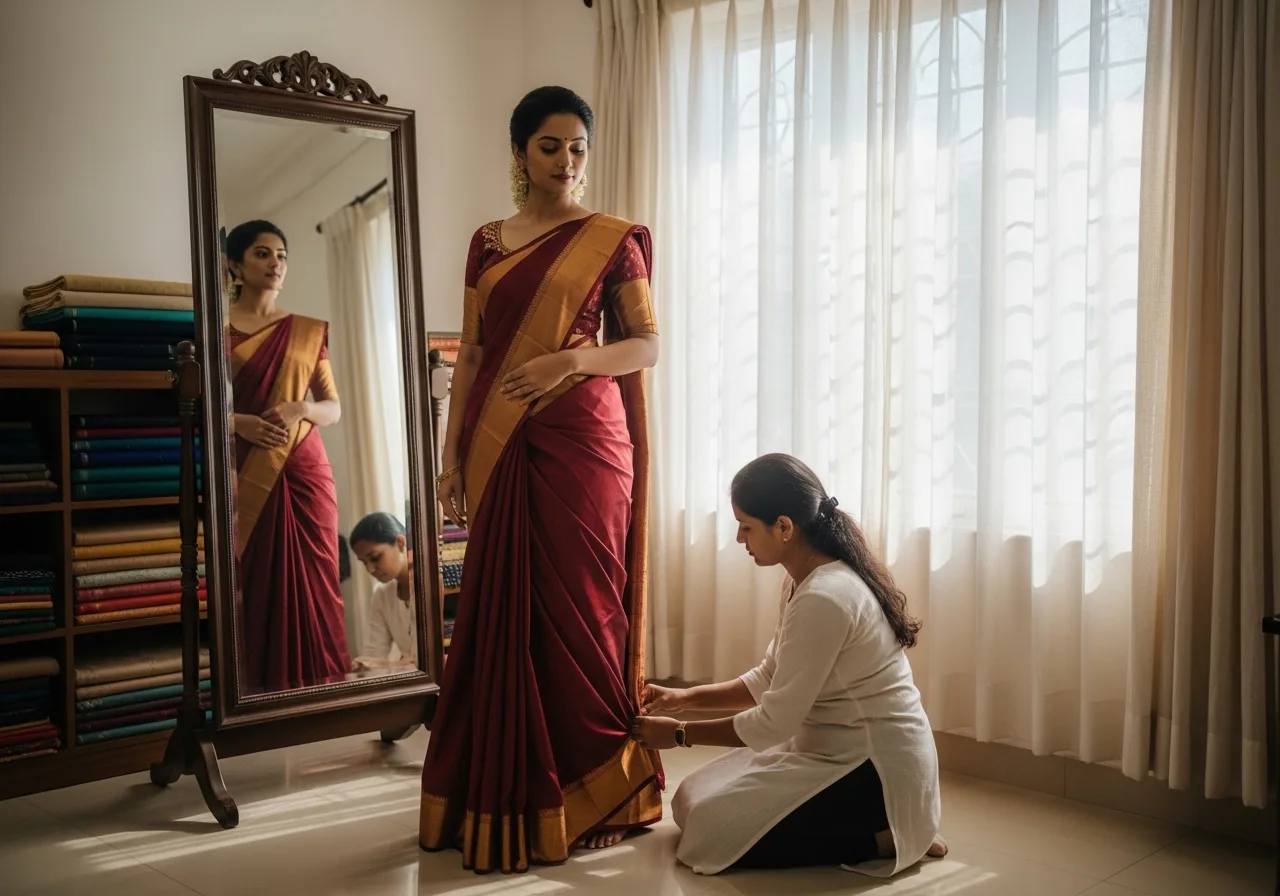 Kerala bride draped in a Kasavu silk saree before the mirror