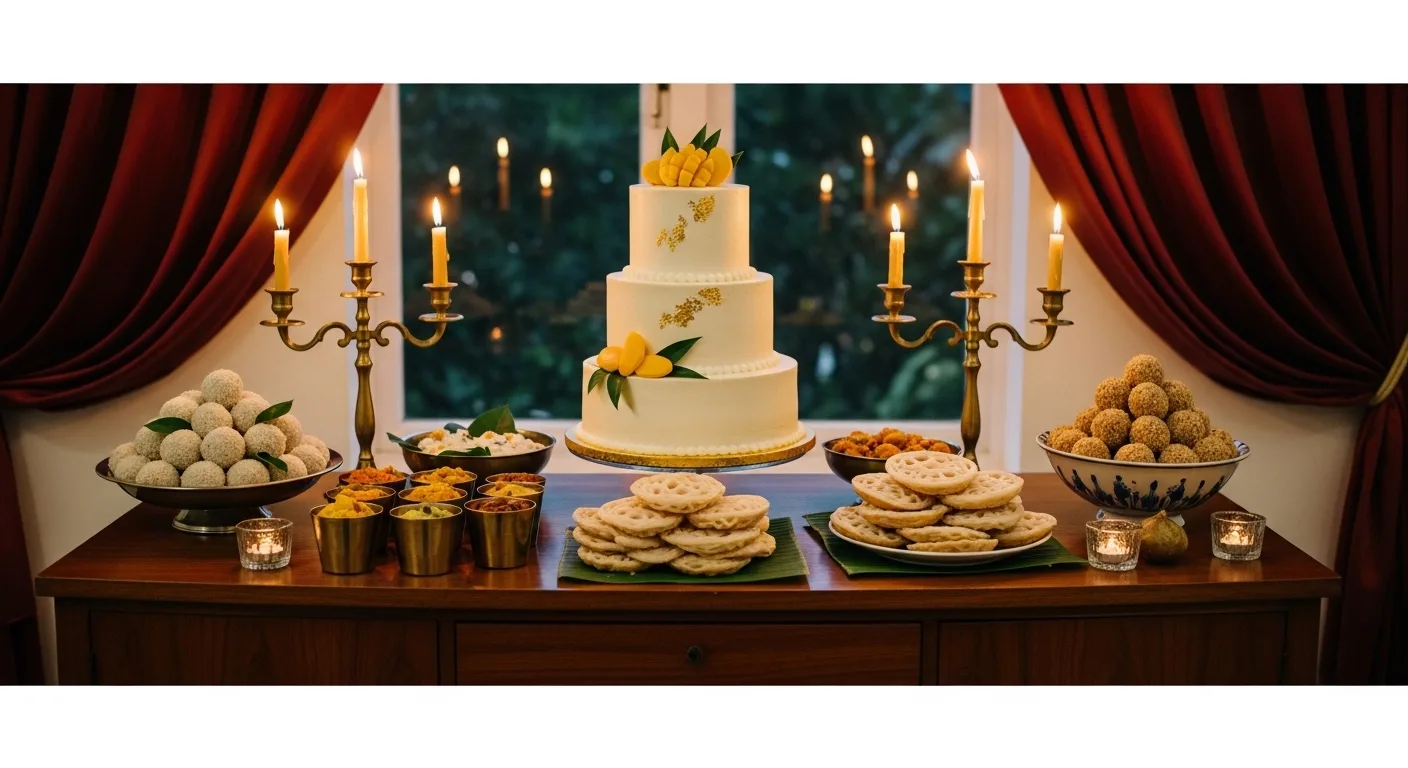 Kerala wedding cake and dessert table with brass candelabras