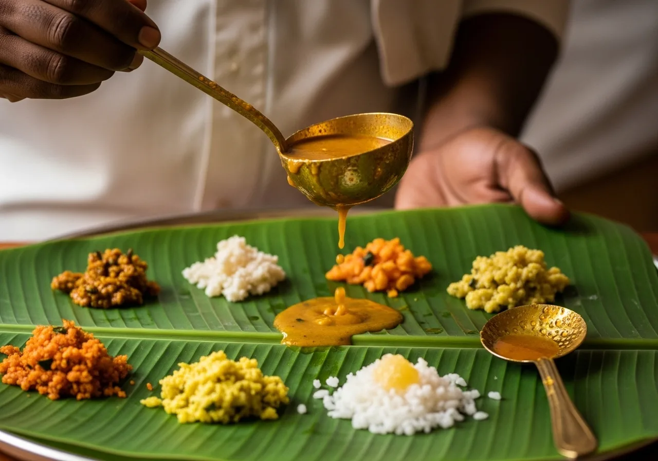 Kerala wedding caterer plating avial and thoran in brass urulis