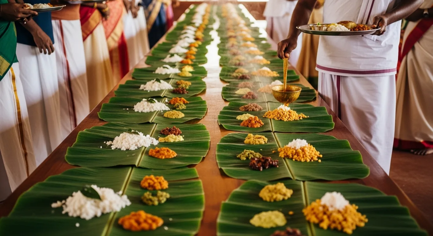 Traditional Kerala sadya feast served on banana leaves